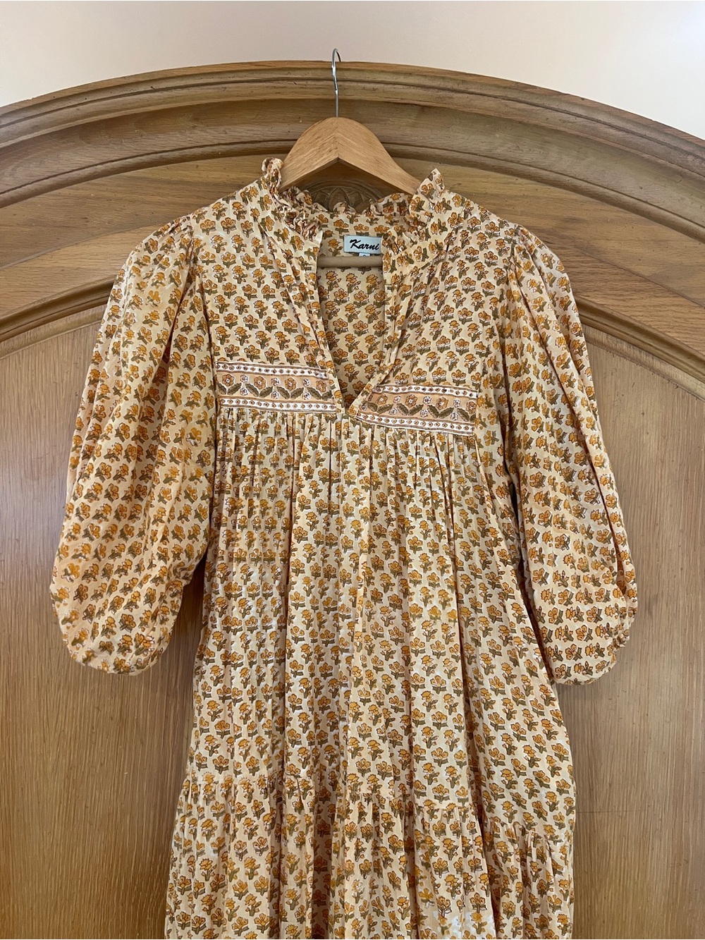 100% Cotton Hand Block Print Boho Floral Tiered Maxi Dress - Yellow - Picture 2 of 8